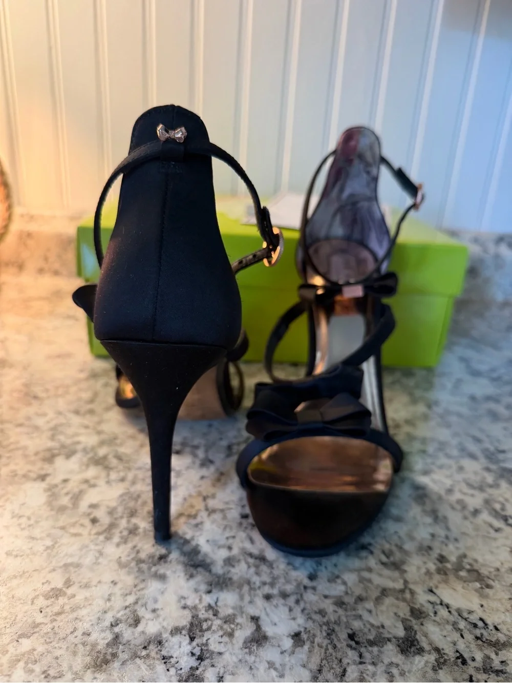 Ted Baker London Black Satin Bow Ankle-Strap Stiletto Sandals Heels Sexy Classy
